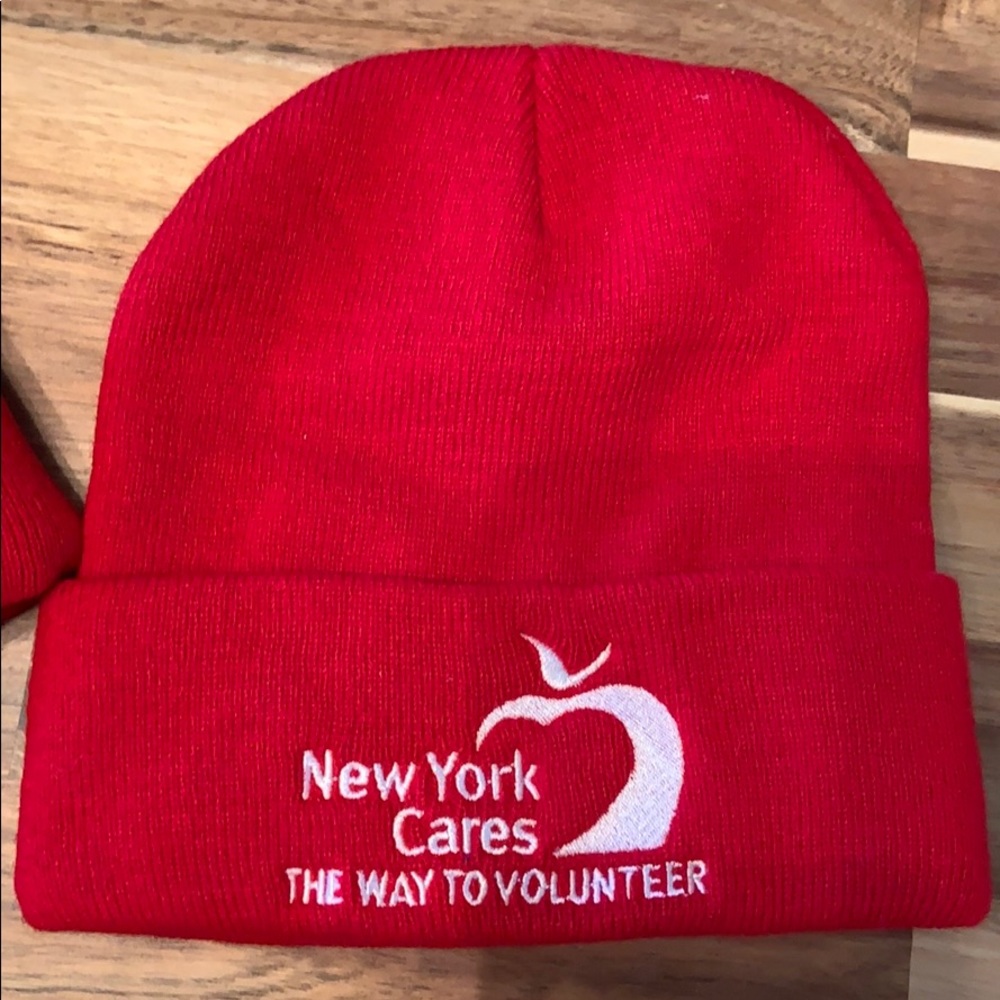 Red New York Cares logo beanie